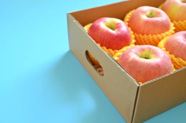 beautiful pink apple in the box on blue background