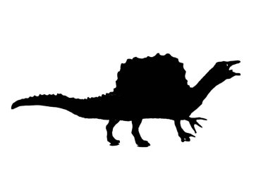 Beyaz arka planda izole edilmiş dinozor silueti, spinosaurus oyuncağı modeli