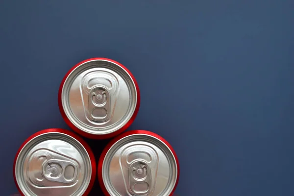 Close Group Aluminium Red Cans Soft Drink Put Blue Texture — Stock Photo, Image