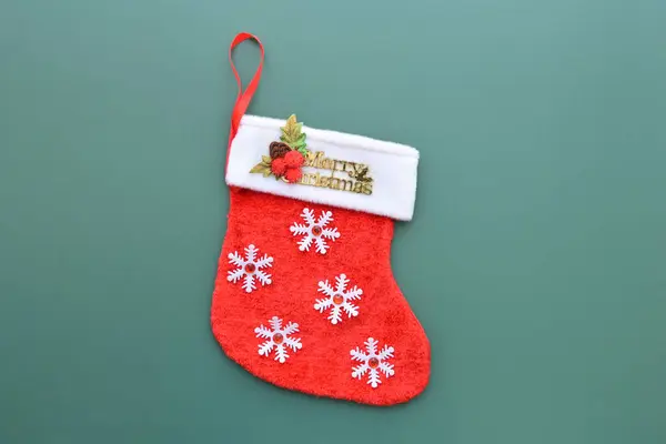 Red Wool Winter Sock Green Background Christmas Decoration — Stock Photo, Image