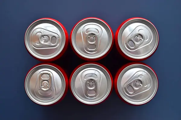 Close Top Aluminium Red Cans Soft Drink Put Blue Texture Stock Picture