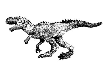 Siyah dinozor silueti beyaz arka planda izole edilmiş, Giganotosaurus oyuncağı modeli