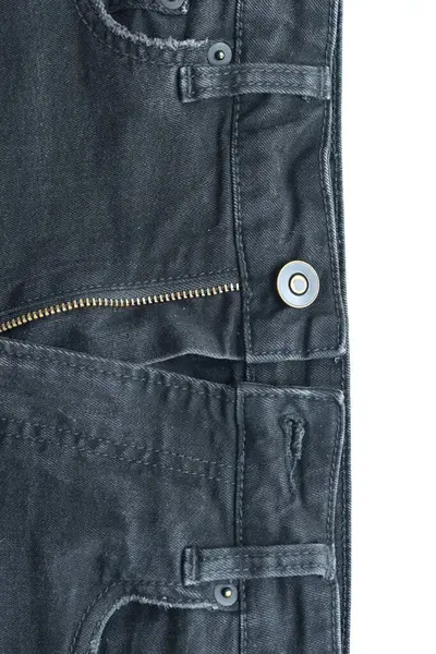 Preto Denim Vestuário Textura Fundo Frente Calças Moda Com Zíper — Fotografia de Stock
