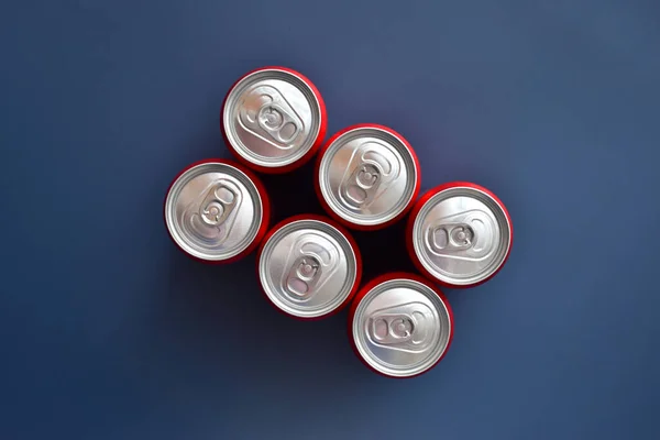 Close Top Aluminium Red Cans Soft Drink Put Blue Texture — Stock Photo, Image