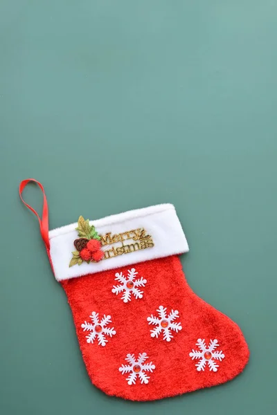 Red Wool Winter Sock Green Background Christmas Decoration — Stock Photo, Image