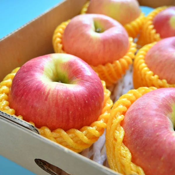 beautiful pink apple in the box on blue background