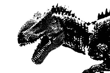 Siyah dinozor silueti beyaz arka planda izole edilmiş, Giganotosaurus oyuncağı modeli