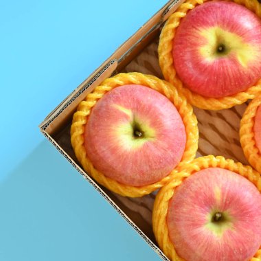 beautiful pink apple in the box on blue background