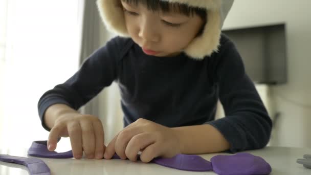 Kleiner Junge Mit Hut Spielt Knetmasse Und Bausatz Zeitlupenszene — Stockvideo