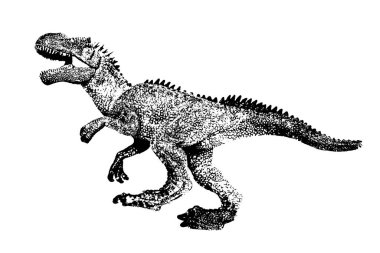 Siyah dinozor silueti beyaz arka planda izole edilmiş, Giganotosaurus oyuncağı modeli