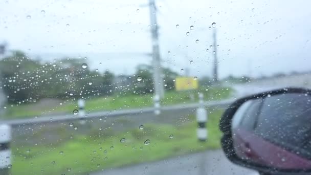 Espejo Lateral Conducción Coche Día Lluvioso — Vídeos de Stock