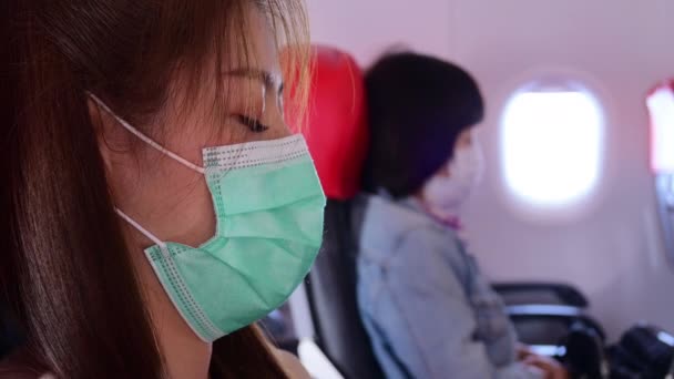 Beautiful Woman Wear Mask Sleeping Cabin Plane — Stock Video