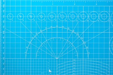 nesne sanat tasarımı için çizgi ve ölçü kılavuzu desenli mavi kesim tahtası arka planı, diy zanaat çalışma araç ekipmanı