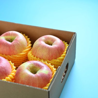 beautiful pink apple in the box on blue background