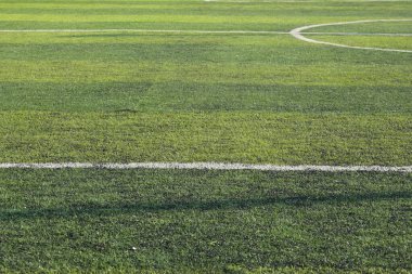 Yapay yeşil çimen çimenlik futbol sahası. Siyah plastik tanecikli.