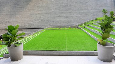 Merdiven üzerindeki yapay yeşil çimenler, ev için dış tasarım.