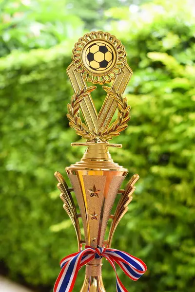 Yeşil ağaç zemininde Tayland ve kurdeleli güzel altın kupa