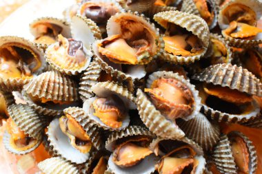 Tabakta taze midye, restoranda leziz yemekler.