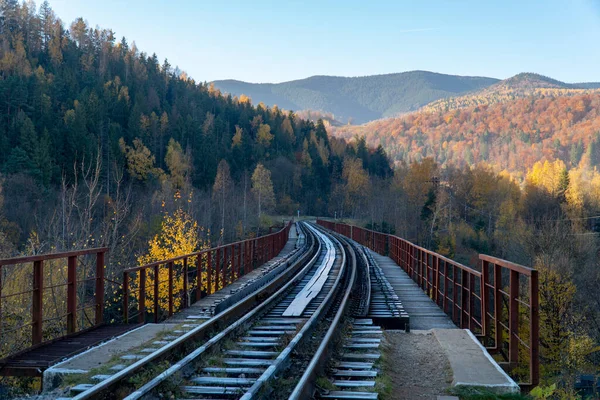 Eisenbahnbrücke Den Karpaten Einem Sonnigen Herbsttag — Stockfoto