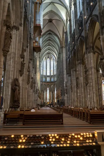 Köln Katedrali İç mimari mahzenler, sütunlar ve vitray pencereler. Zengin iç dekorasyon. Mimarinin gotik tarzı