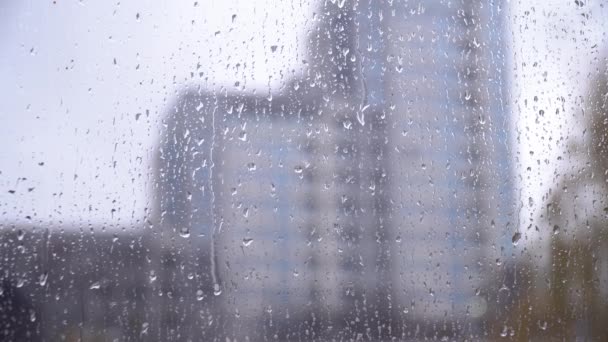 窓ガラスに雨が降った ウィンドウの外側のぼやけた背景 — ストック動画