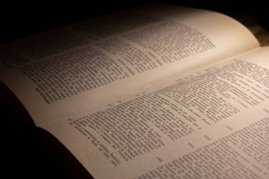 Latince metni olan bir kitabın makro fotoğrafçılığı, yapay ışık altında açık bir kitap sayfası