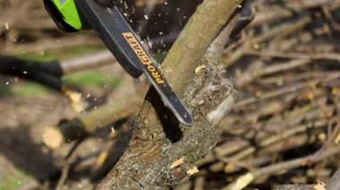 Elektrikli testereyle bir kütük kesiyordum. Ağaç dalını kesiyorum. Ağaç kesiyorum. Yakacak odun topluyorum. Talaşlar her yöne uçar.