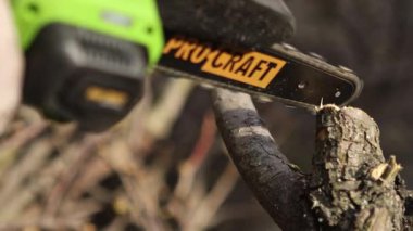 Elektrikli testereyle bir kütük kesiyordum. Ağaç dalını kesiyorum. Ağaç kesiyorum. Yakacak odun topluyorum. Talaşlar her yöne uçar.