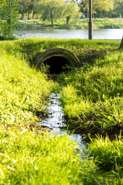 Küçük bir su akıntısı, doğal yeşillik tarafından çerçevelenmiş yuvarlak beton drenaj borusuna doğru akar ve kentsel altyapıyı doğanın sükunetiyle birleştirir..