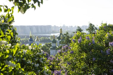Altın kubbeleri olan güzel bir kilise yumuşak bir leylak gökyüzüne karşı zarif bir şekilde yükselir. Süslü ayrıntıları ışıkta parlar. Huzurla çevrelenmiş, huzur, maneviyat ve sonsuz zarafet yayıyor..