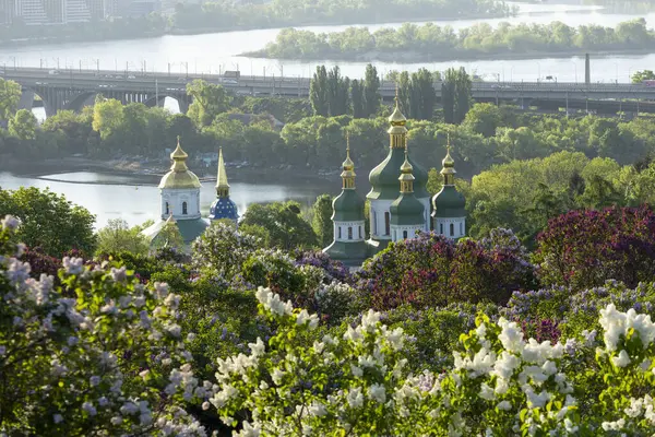 Altın kubbeleri olan güzel bir kilise yumuşak bir leylak gökyüzüne karşı zarif bir şekilde yükselir. Süslü ayrıntıları ışıkta parlar. Huzurla çevrelenmiş, huzur, maneviyat ve sonsuz zarafet yayıyor..