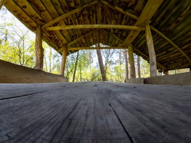 Ormana yuva yapmış ahşap bir çardak, piknik için mükemmel. Yakından bakınca, yemyeşil yemyeşil çevrili kırsal ahşap bir masa görünüyor, rahat ve doğal bir geri çekilme yaratıyor..