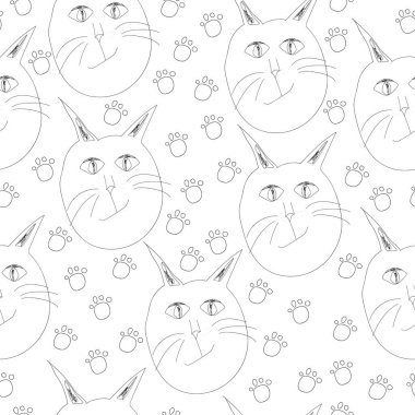Çizgili kedileri ve pati izleriyle kusursuz desen. Beyaz arka plan çiziminde çocuk stili evcil hayvanlar.