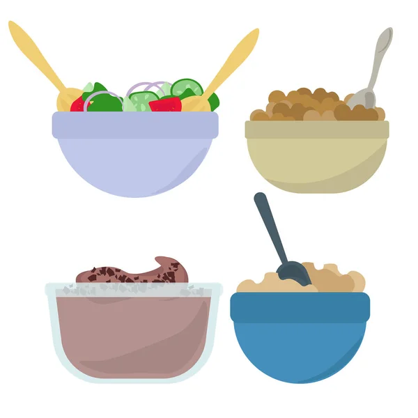 Set Ciotole Cibo Opzioni Pranzo Una Rapida Illustrazione Vettoriale Snack — Vettoriale Stock