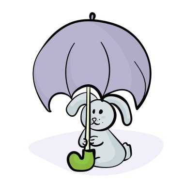 Bunny under umbrella, cute animal in doodle style vector illustration
