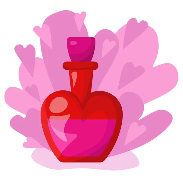 愛のポーションボトル ピンクのハートベクトルイラストを背景にコルクとピンクの液体と赤の巻きフラスコ — ストックベクタ
