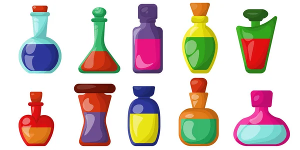 Set Glass Vials Bottles Multi Colored Liquid Various Containers Magical — Stock Vector