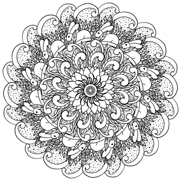 Mandala Malseite Mit Osterhasen Blättern Zwischen Kunstvollen Mustern Vektorillustration — Stockvektor