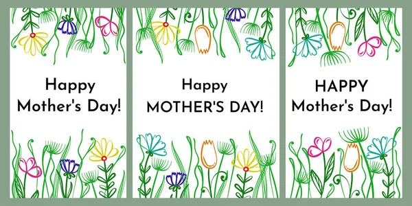 Happy mother\'s day, set of holiday cards with doodle flowers and leaves vector illustration