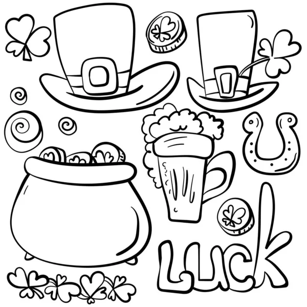 Set Outline Doodles Patrick Day Symbols Good Luck Simple Linear — Vetor de Stock