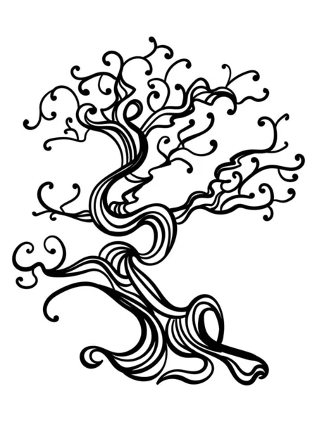 Bonsai Träd Fantasi Kontur Växt Med Virvlar Och Vridna Grenar — Stock vektor