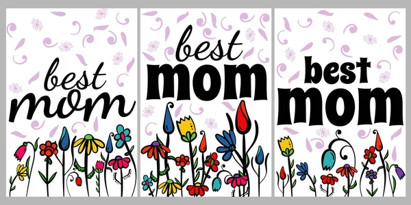 Legjobb Anya Kártyák Képeslapok Felirattal Firka Virágok Anyák Napjára Vagy — Stock Vector