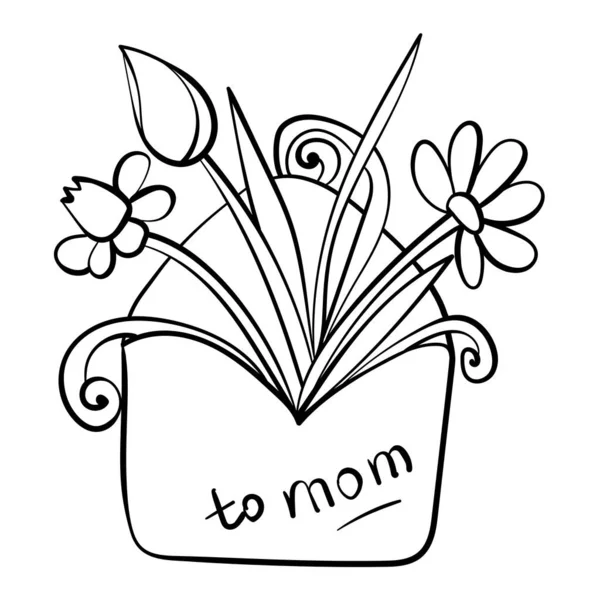 Einfache Muttertagskarte Kinder Malseite Mit Umschlägen Und Frühlingsstrauß Vektorillustration — Stockvektor