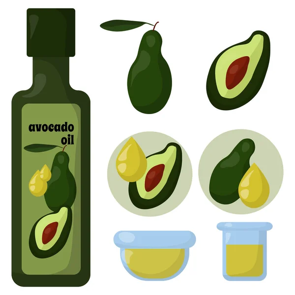 Olio Avocado Set Elementi Stile Piatto Olio Prodotto Alimentare Opzioni — Vettoriale Stock