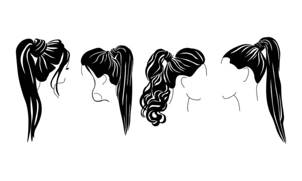 Ponytail Hairstyle Long Hair Set Silhouettes Stylish Styling High Position — Stock Vector