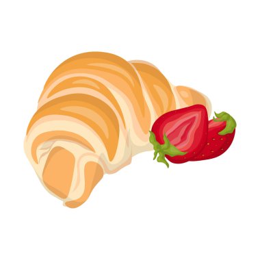 Kruvasan ve çilek, hamur işleri ve meyve vektör illüstrasyonlu basit kahvaltı.
