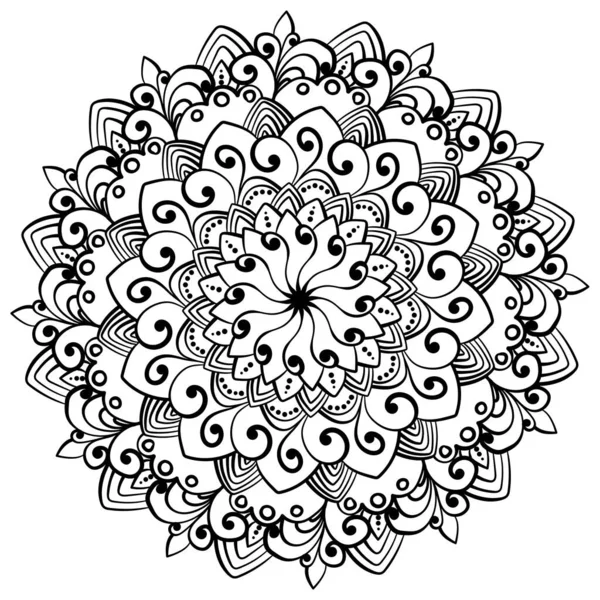 Wirbel Mandala Malseite Umriss Gemusterte Runde Form Mit Kunstvollen Blütenblättern — Stockvektor