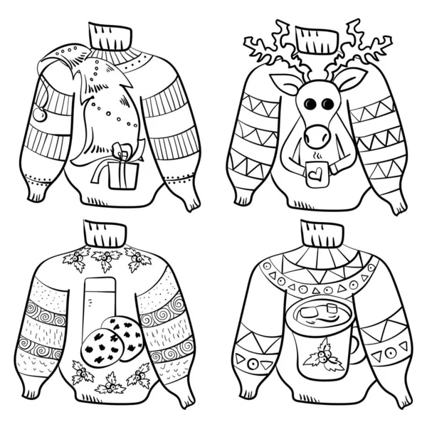 Suéter Feo Conjunto Páginas Para Colorear Contorno Ropa Navidad Tradicional — Archivo Imágenes Vectoriales