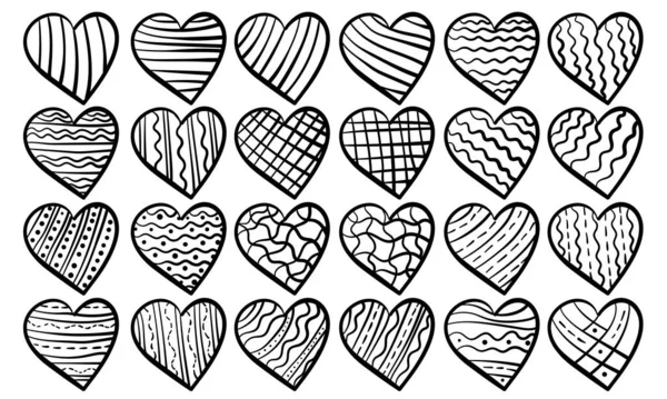 Set Von Umrissenen Doodle Herzen Mit Einfachen Mustern Malseite Mit — Stockvektor