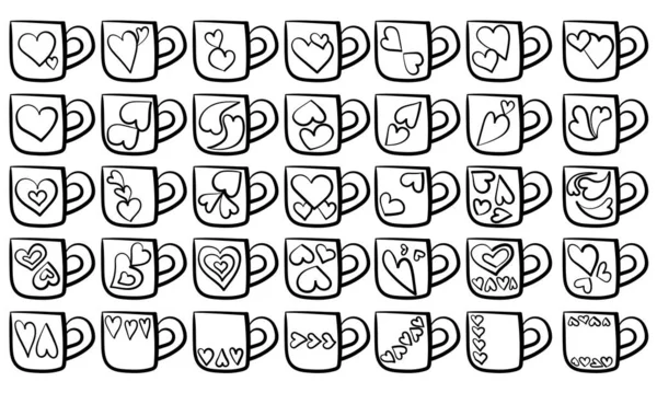 Ensemble Tasses Doodle Contour Avec Décor Coeur Variation Mignons Tasses — Image vectorielle